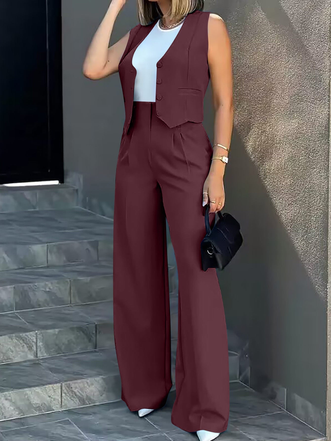 Women Vest Jacket Wide Leg Pants Casual Set