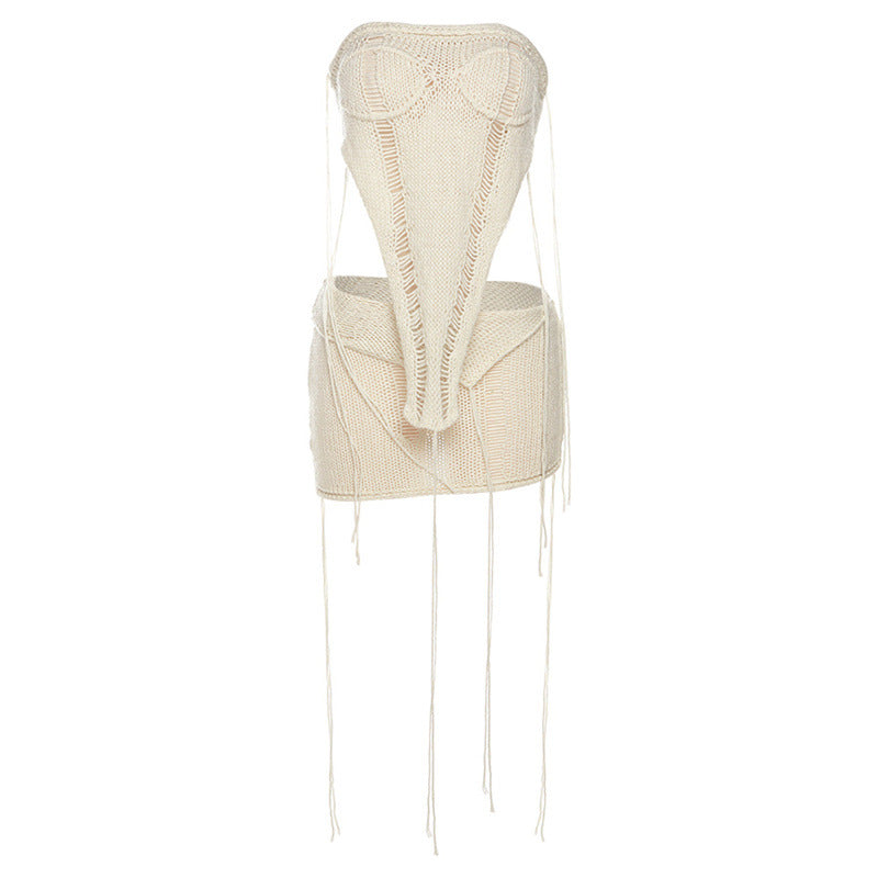 Conjunto de ropa de primavera para mujer, con hombros descubiertos, corte entallado, espalda descubierta, chaleco de punto, falda de tubo de cintura alta