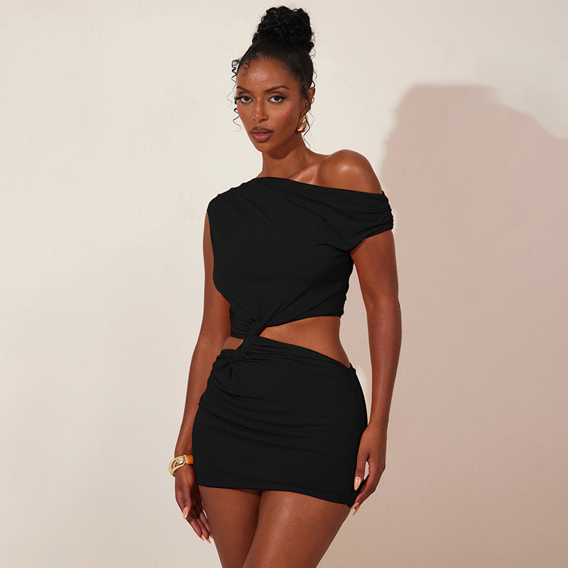 Vestido sin mangas con hombros descubiertos, corte ahuecado, con costuras torcidas y hombros descubiertos para mujer