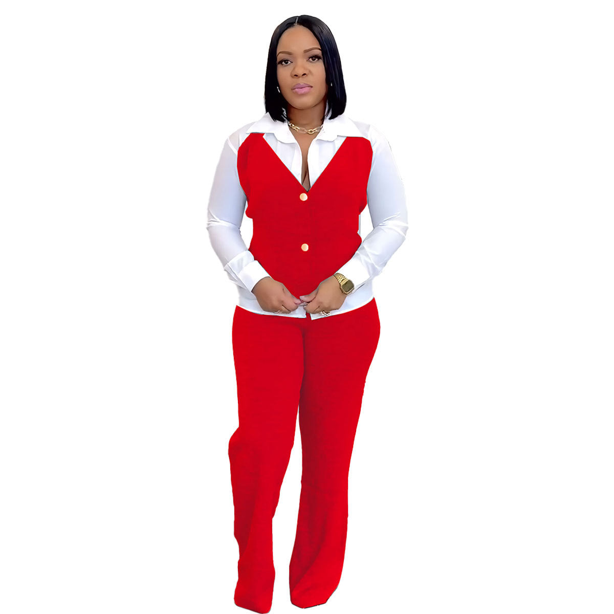 Faux Two Pieces Shirts Vest Stitching Sweater Pants Two Piece Set