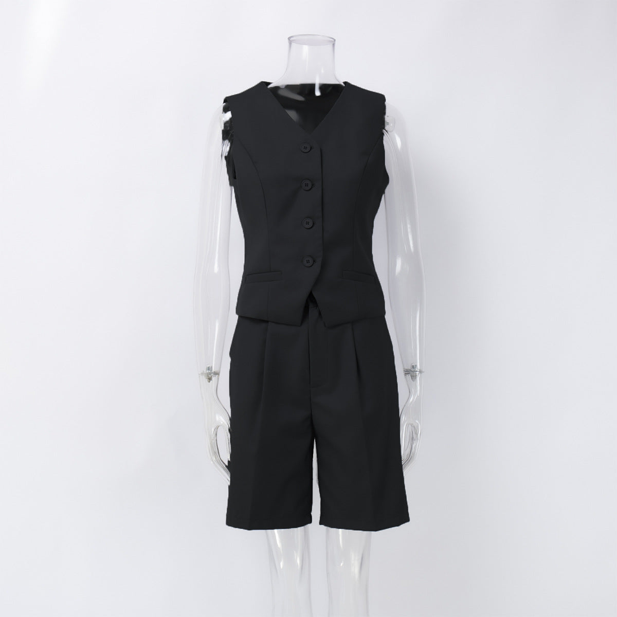 Chaleco Chaqueta Primavera Verano Cuello en V Chaleco de un Solo Pecho Pantalones Cortos Rectos Conjunto