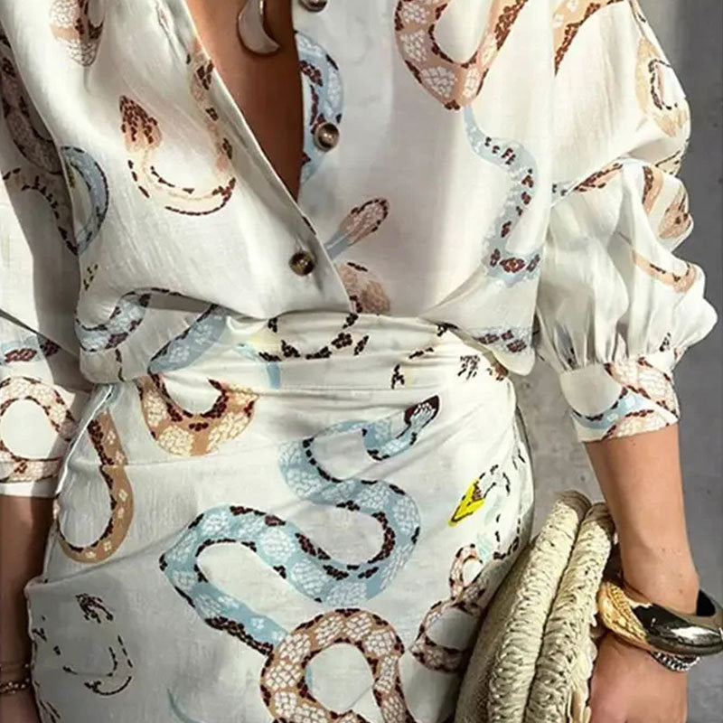 Ropa de verano para mujer, elegante vestido de manga larga con estampado de serpiente y aberturas, traje holgado.