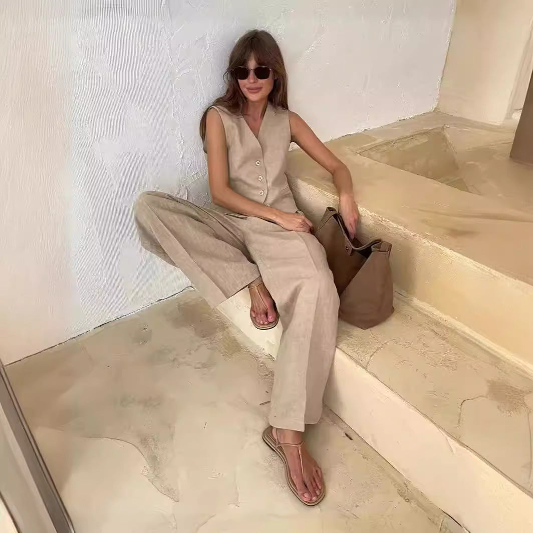 Conjunto de dos piezas formado por chaleco y pantalón informal, para primavera y verano, sin mangas, para mujer