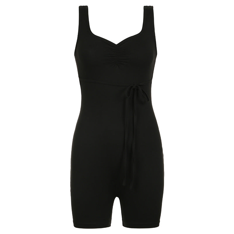 Mono deportivo informal de calle de color sólido con cuello cuadrado, abertura cruzada, espalda descubierta, con cordones, para yoga y fitness, pantalones de una pieza