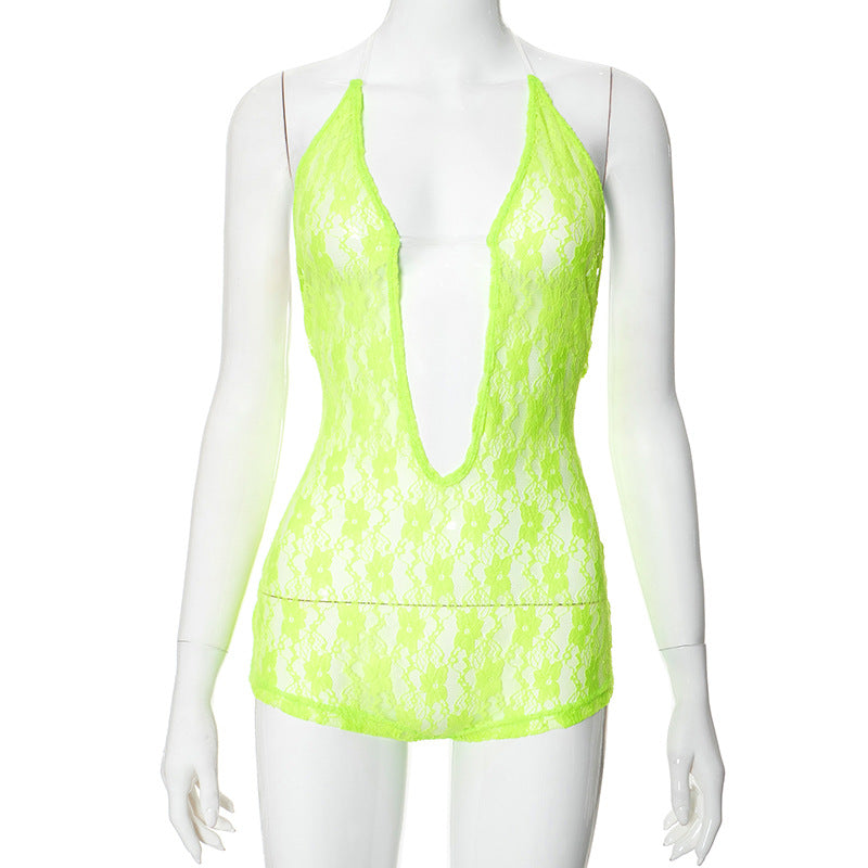 Ropa de mujer Verano Sexy Encaje Ahuecado Recorte Transparente Halter Espalda Descubierta Mono
