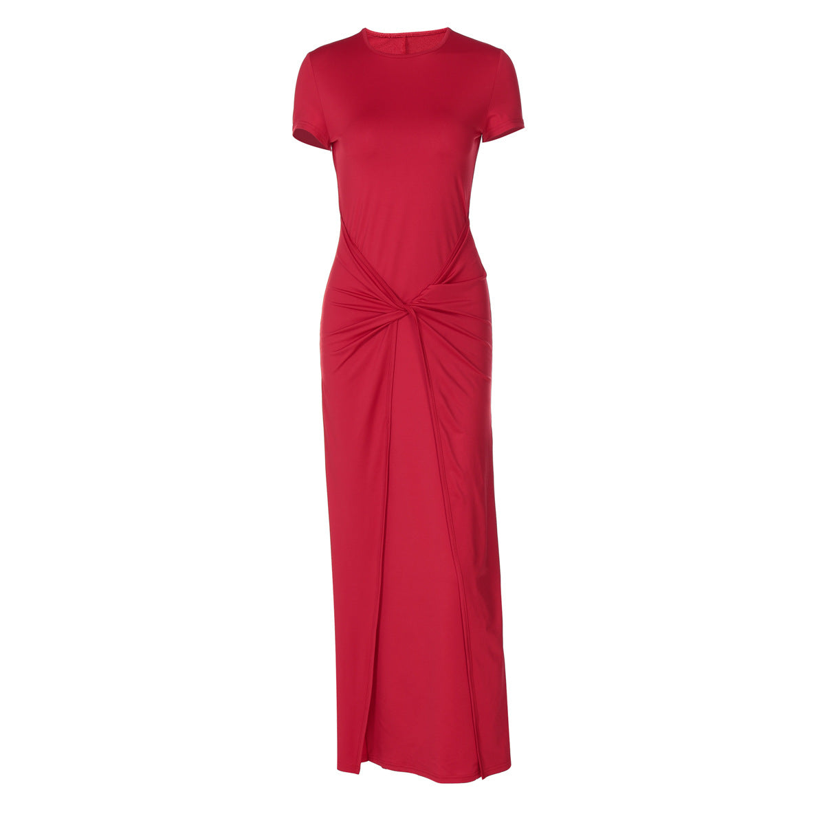 Vestido de verano ajustado con pliegues y cuello redondo y manga corta para mujer