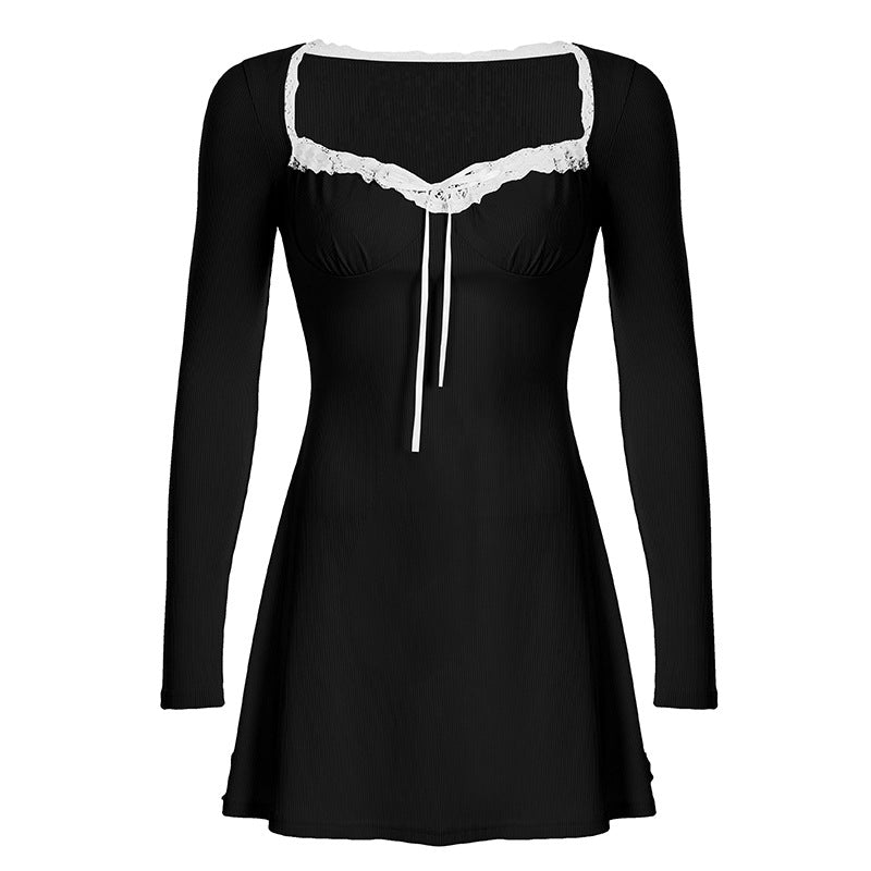 Vestido corto adelgazante con escote en V, manga larga y plisado con costuras de encaje de estilo femenino