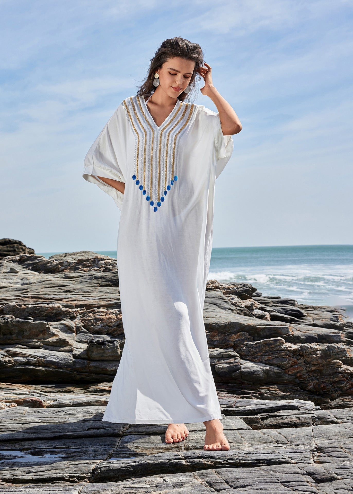 Santorini Charm - EmbroideRed Kaftan Maxi Dress