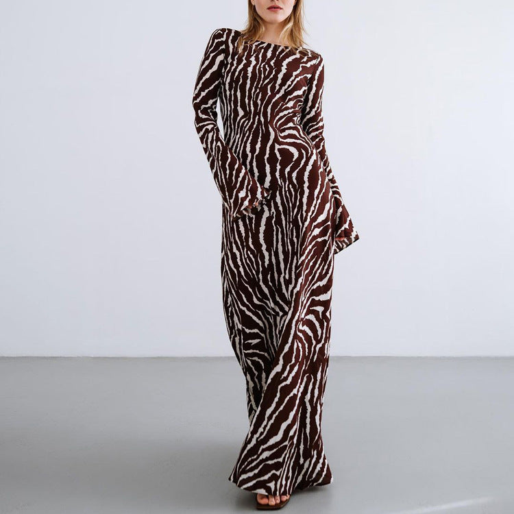 Striped Printing Loose Dress Casual round Neck Long Sleeve Dress Women Autumn Winter