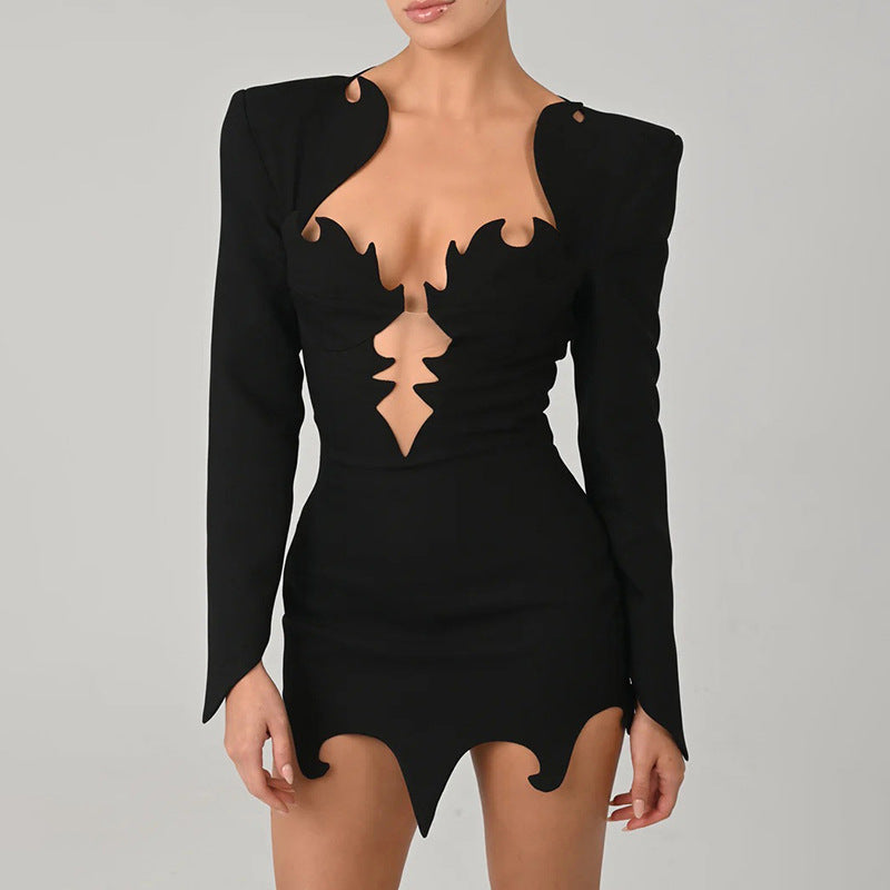 Vestido de invierno para mujer, con escote en V profundo, sexy, ajustado a la cadera y manga larga.