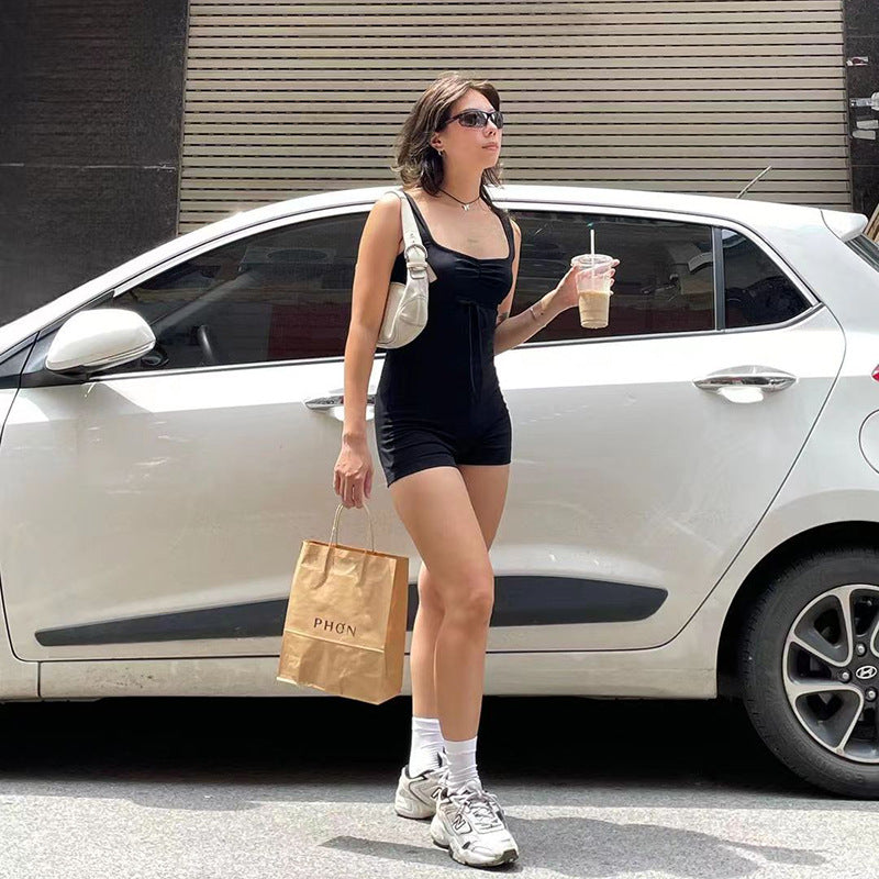 Mono deportivo informal de calle de color sólido con cuello cuadrado, abertura cruzada, espalda descubierta, con cordones, para yoga y fitness, pantalones de una pieza