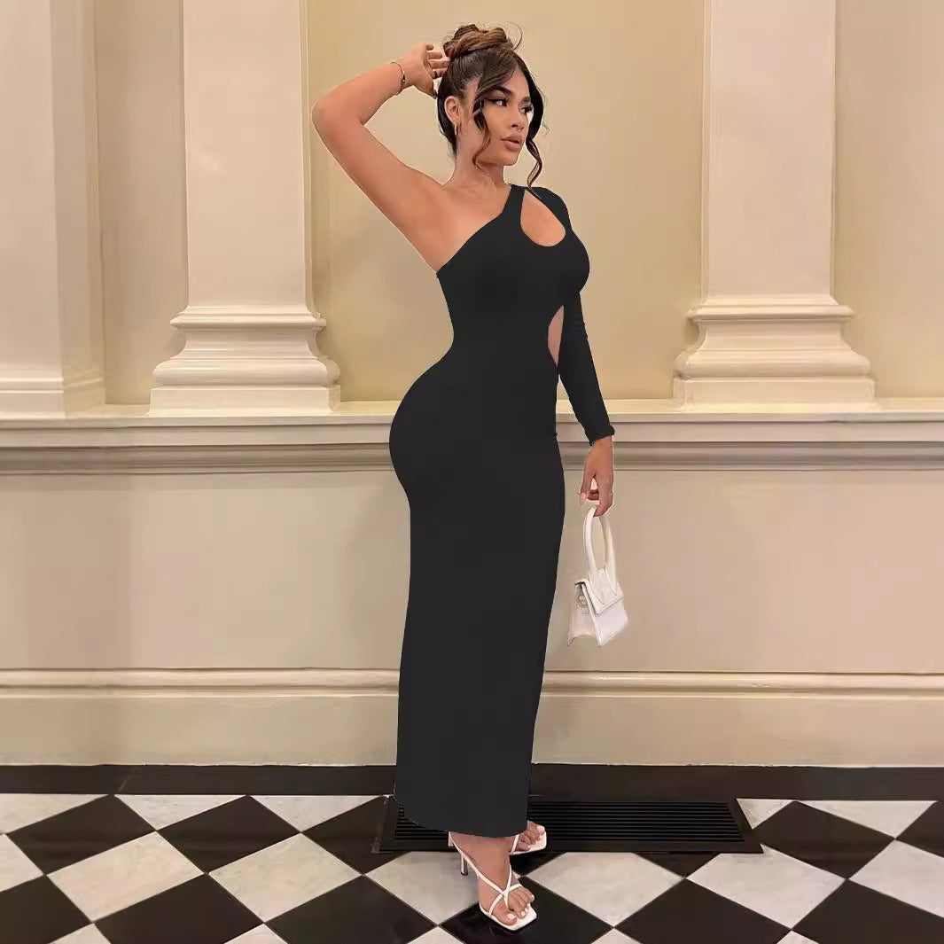 Vestido maxi sexy con escote en diagonal y un hombro, manga larga, para otoño, para mujer