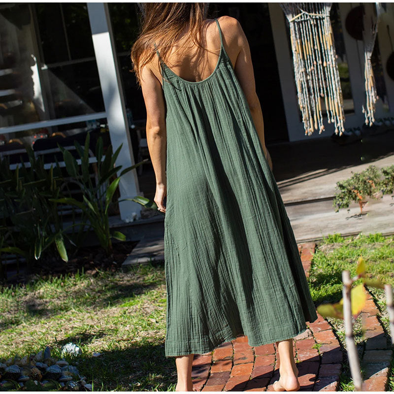Cotton Casual Cami Dress Summer Vacation Women Maxi Dress Loose Solid Color Backless Double Layer Gauze Sleeveless Dress