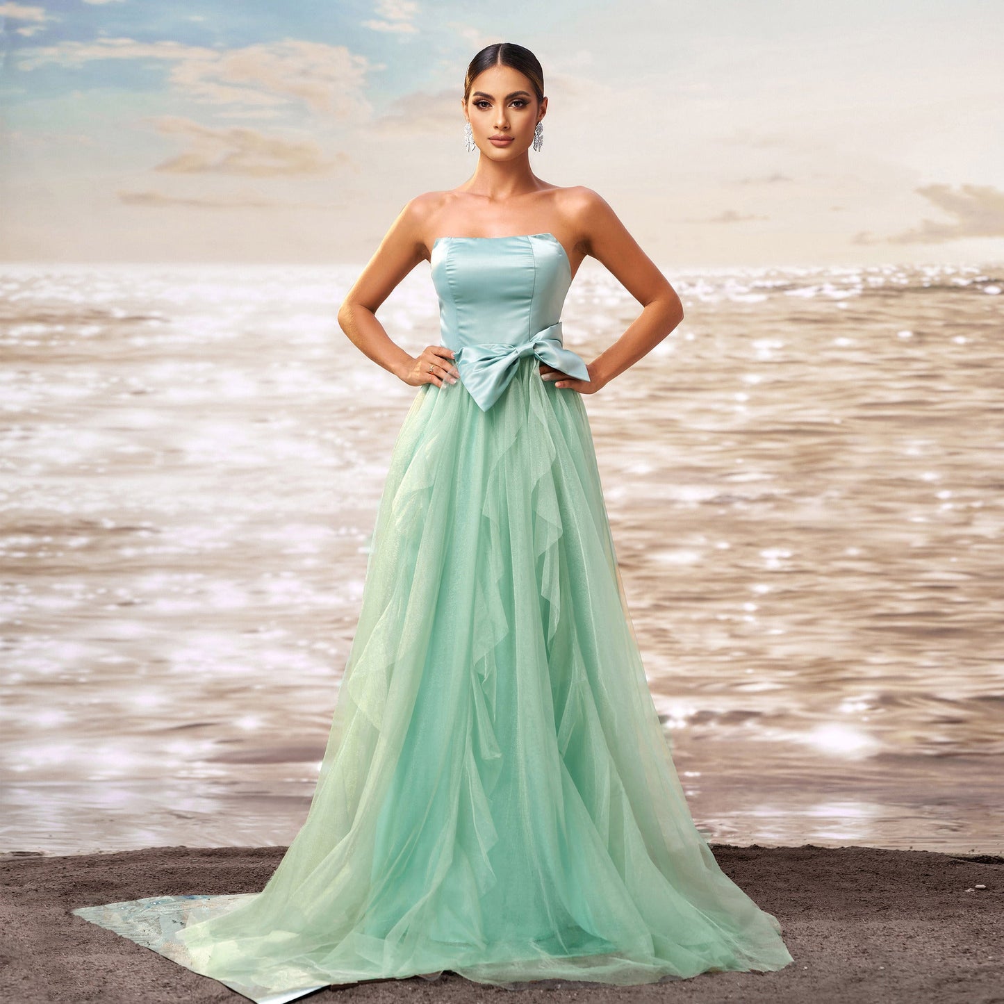 Vestido de noche de gasa con dobladillo ancho y cintura estrecha sin mangas para mujer