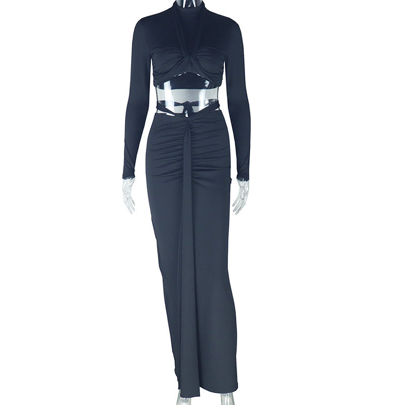 Conjunto de dos piezas formado por falda y vestido, para mujer, color liso, sexy, manga larga, cuello redondo, corte entallado y adelgazante