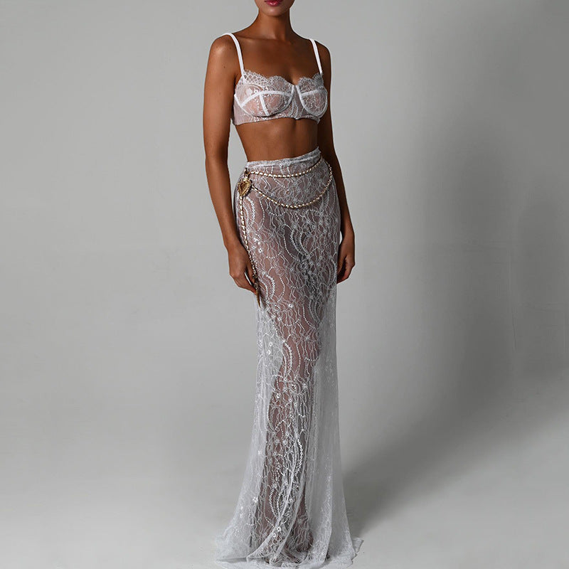 Conjunto de dos piezas sexy con tirantes y espalda descubierta, vestido de noche sexy, falda de cola de pez con trapeador de suelo.