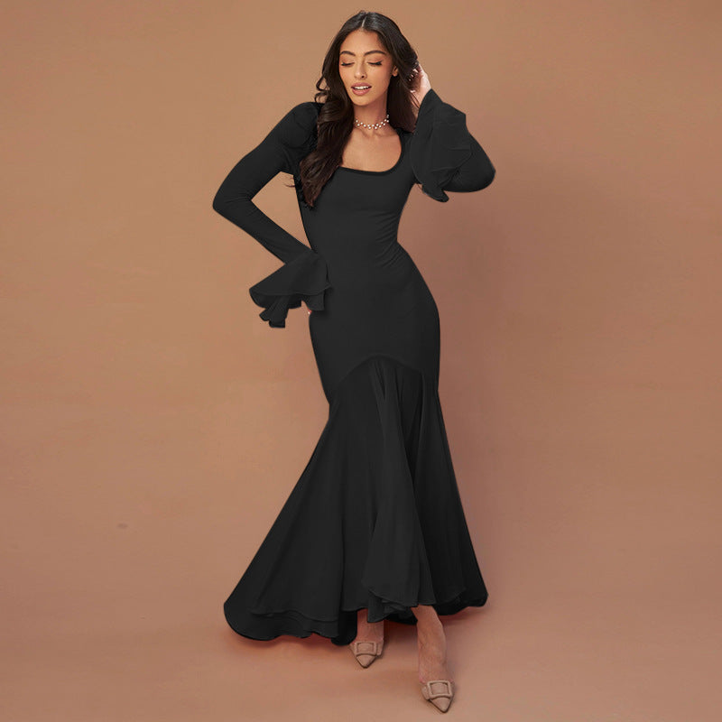 Vestido elegante de otoño de estilo socialité, sexy, ajustado, con dobladillo con volantes y manga larga para mujer