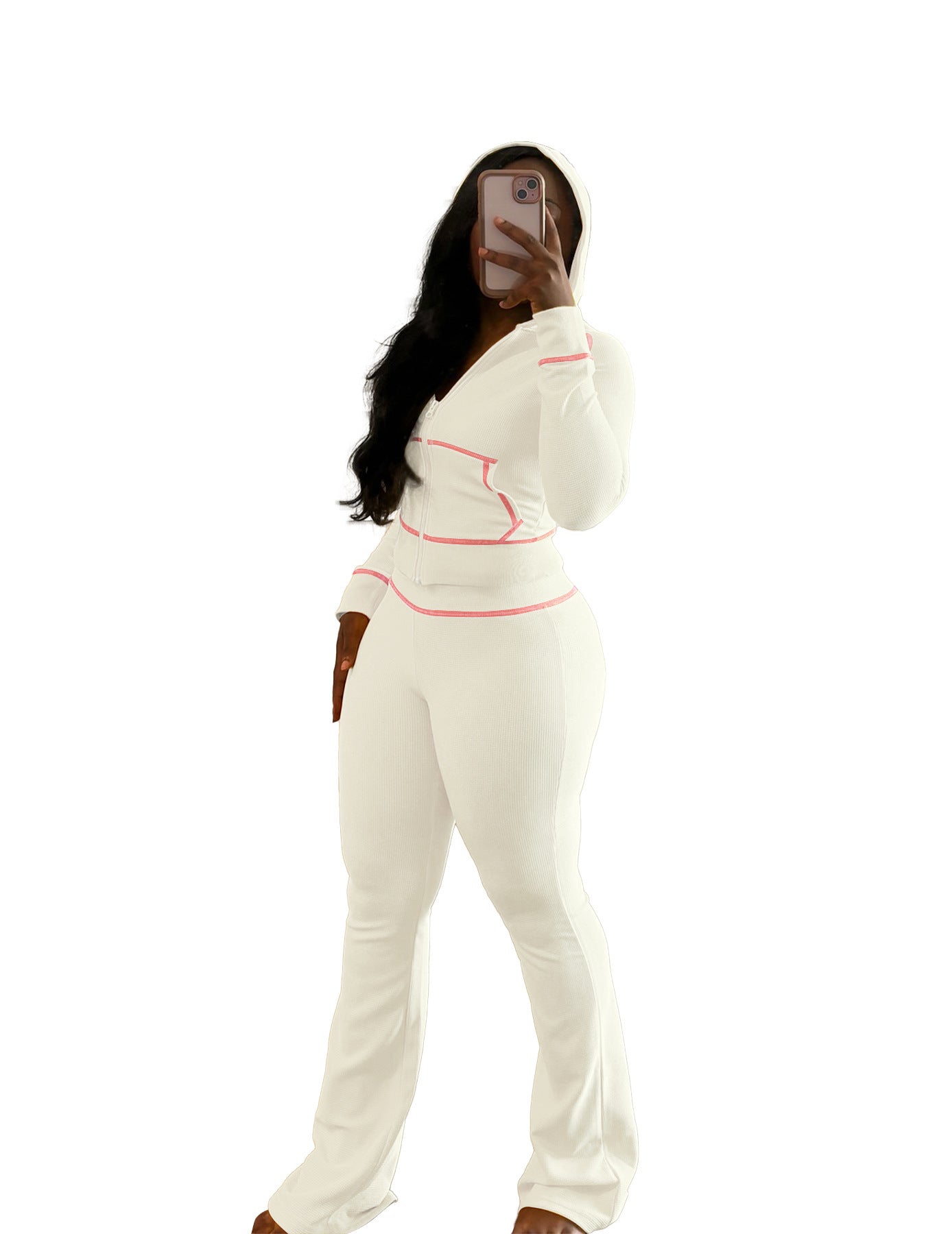 Traje informal con gorro y puños en los hombros para mujer, con textura de gofre y microcuerno