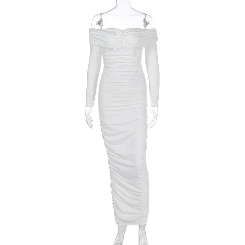 Vestido largo elegante plisado de manga larga con hombros descubiertos y sexy de color liso para mujer
