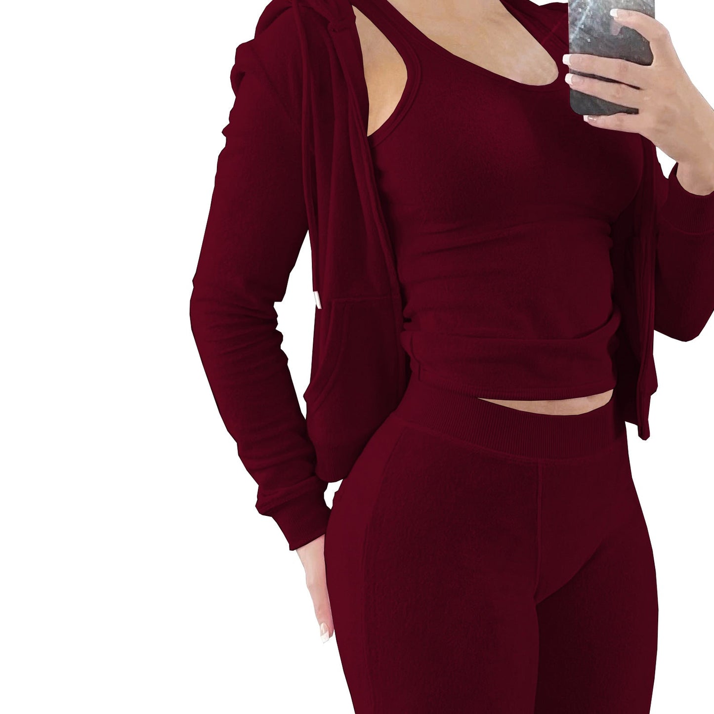 Women Clothing International Station Autumn Winter Plush Hooded Vest Three Piece Set