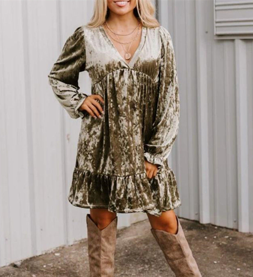 Autumn Winter Velvet Thickened Lantern Sleeve Street Pleated Long Sleeve Dress for Women