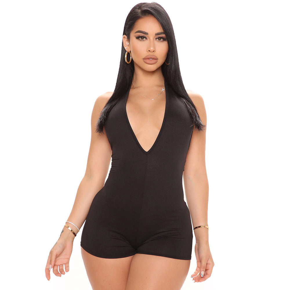 Mono sexy de verano para mujer, con escote en V, ajustado, sin espalda y cuello halter