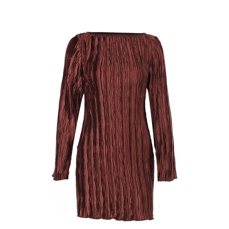 Vestido elegante de otoño con mangas largas y plisado de tela con textura ajustada para mujer