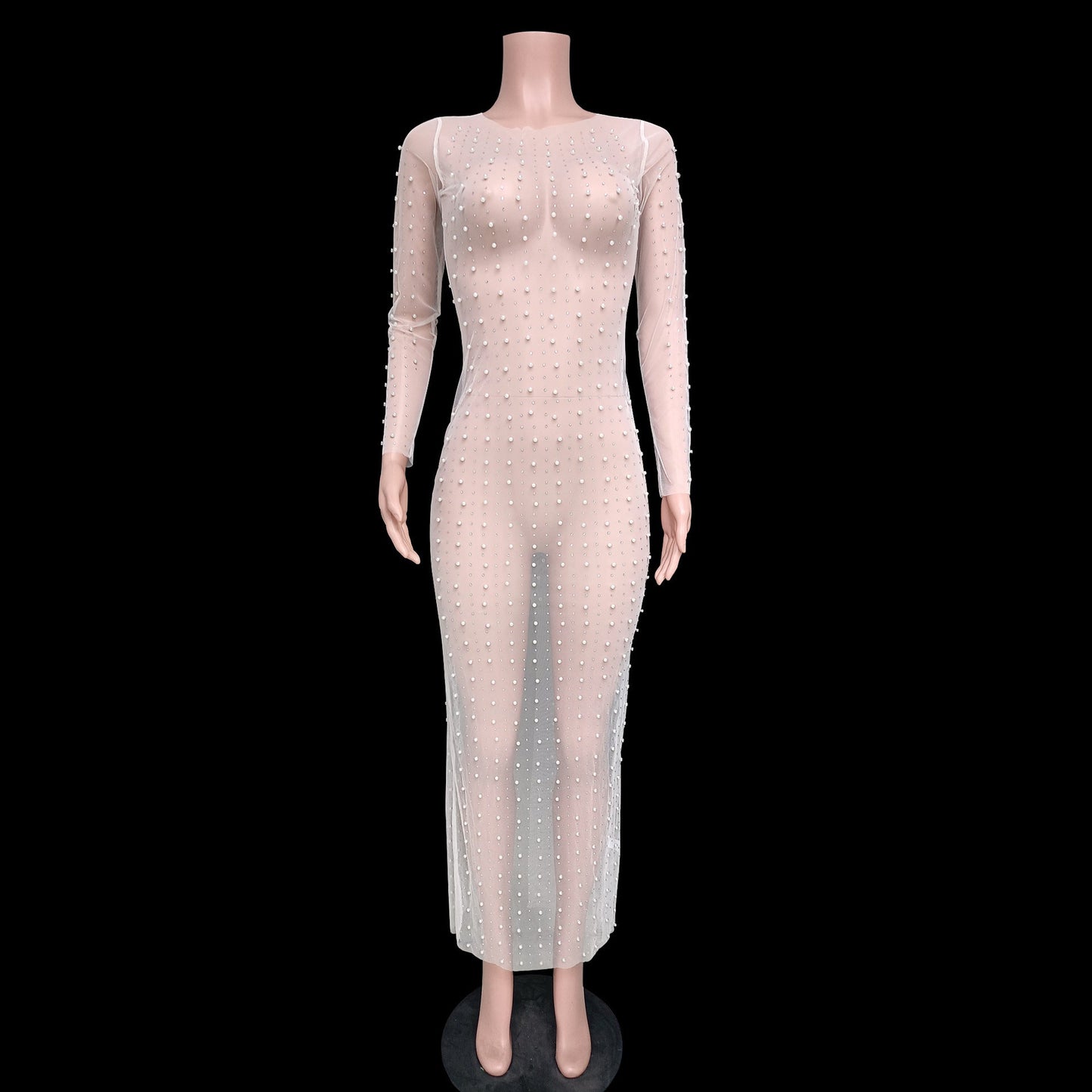 Vestido playero sexy de malla con mangas largas y efecto burbuja de diamante transparente