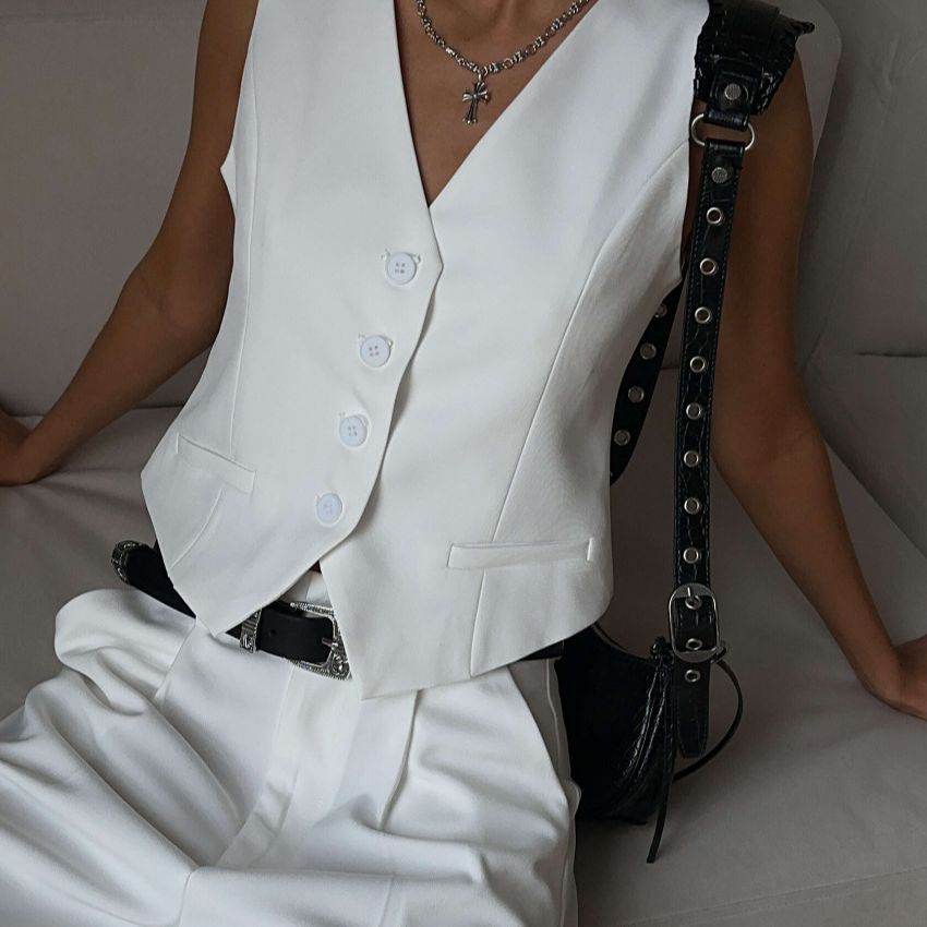 Chaleco Chaqueta Primavera Verano Cuello en V Chaleco de un Solo Pecho Pantalones Cortos Rectos Conjunto