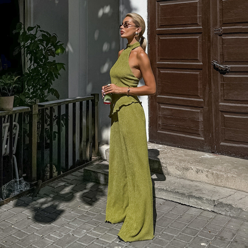 Conjunto de dos piezas formado por chaleco y pantalón ancho, para oficina, primavera y verano, color verde, sin mangas, para mujer