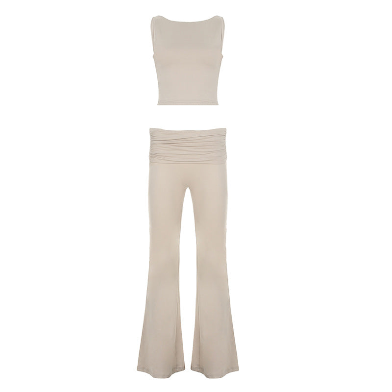 Conjunto de dos piezas de ropa de yoga informal de calle, chaleco ajustado sin mangas para ejercicio, pantalones de corte acampanado