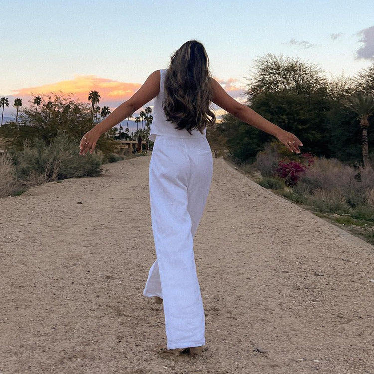 Ropa de mujer, chaleco sin mangas de lino y algodón de verano, conjunto de dos piezas, conjunto informal para mujer