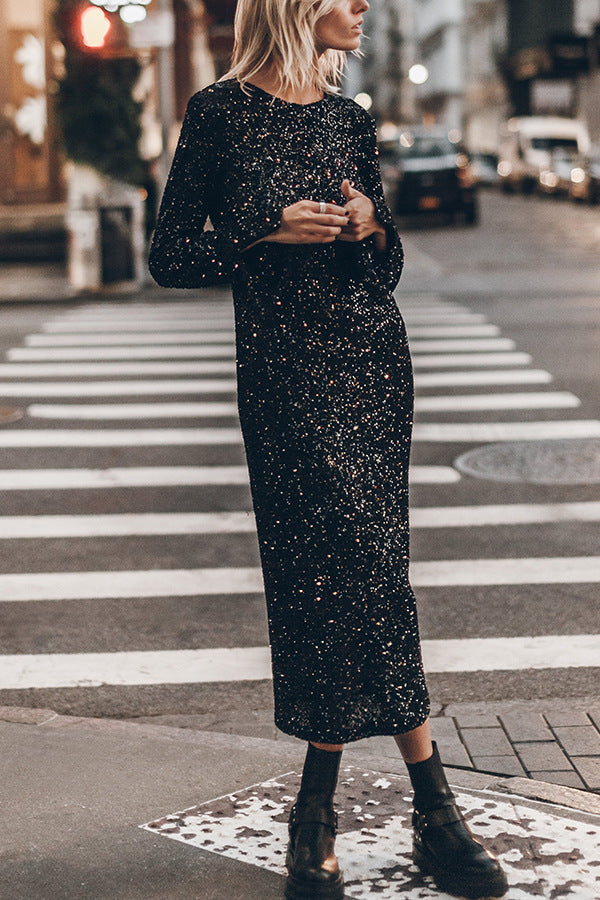 Simple Sequin Street Long Sleeve Dress Women