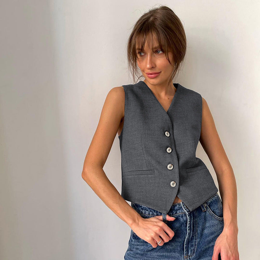 Chaleco sin mangas gris minimalista neutro de verano para mujer, conjunto de dos piezas a juego