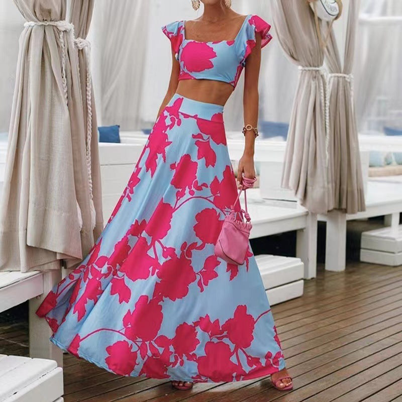 Conjunto de dos piezas de vestido sin mangas con estampado bohemio sexy para mujer de verano