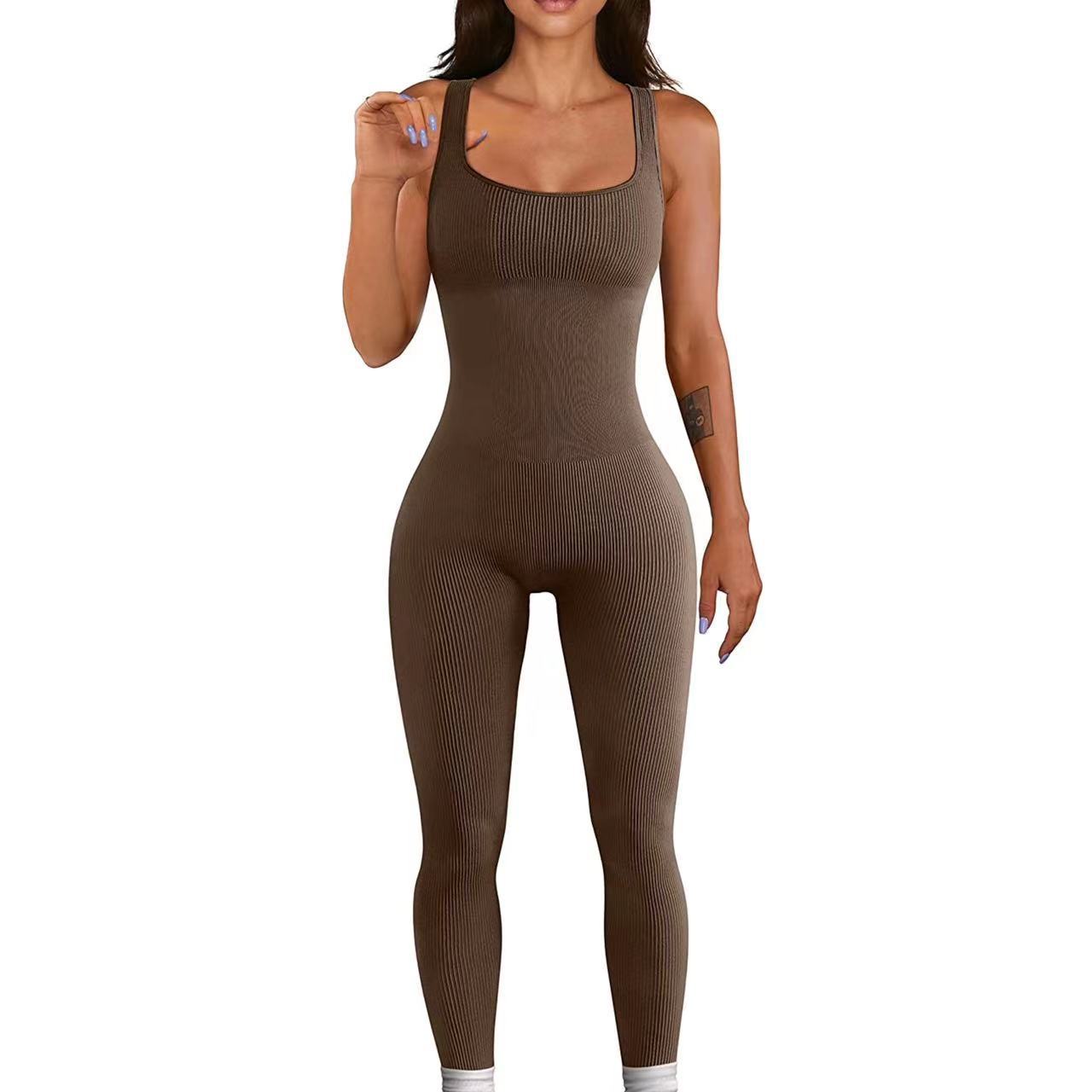 Mono de yoga sexy de verano para mujer, mono deportivo sin mangas con cuello cuadrado acanalado y pantalones