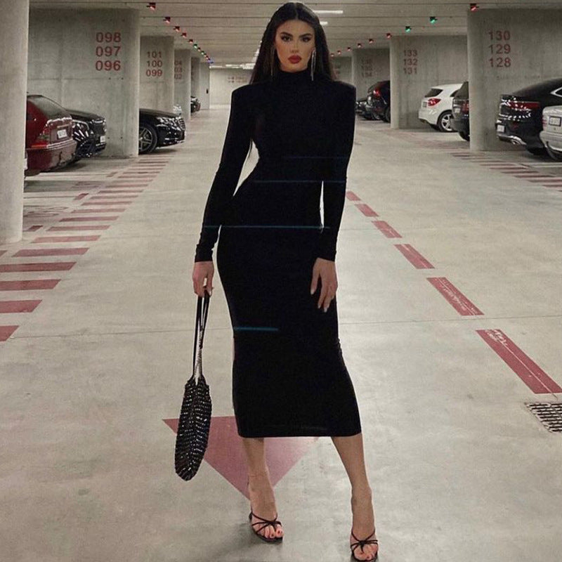 Vestido de otoño para mujer, color liso, ajustado, cuello alto y manga larga