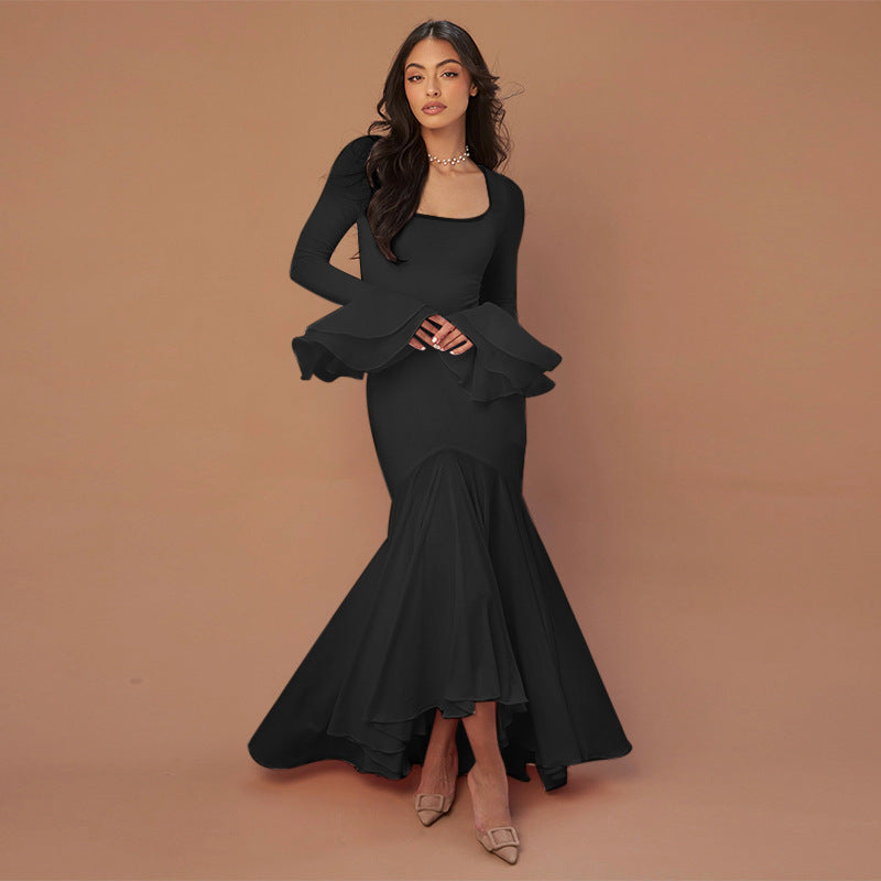 Vestido elegante de otoño de estilo socialité, sexy, ajustado, con dobladillo con volantes y manga larga para mujer