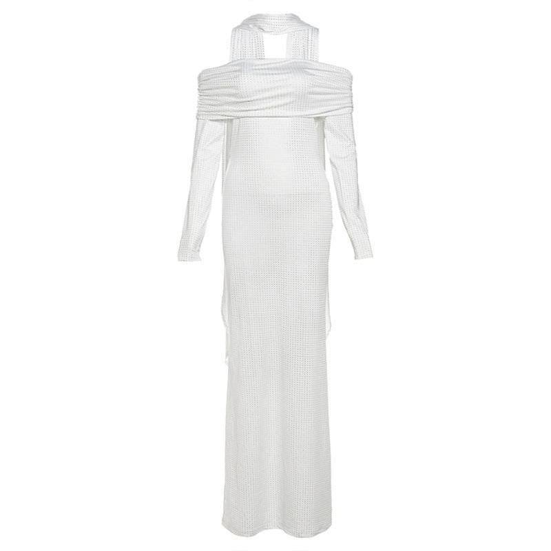 Vestido de primavera para mujer, sexy, ajustado, con hombros descubiertos, sin espalda, cuello tipo bufanda, manga larga