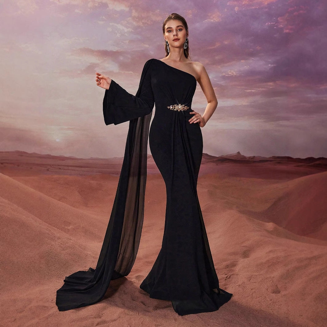 Vestidos de noche elegantes para mujer, con un hombro al descubierto, de gasa, manga larga, apliques, cola de pez