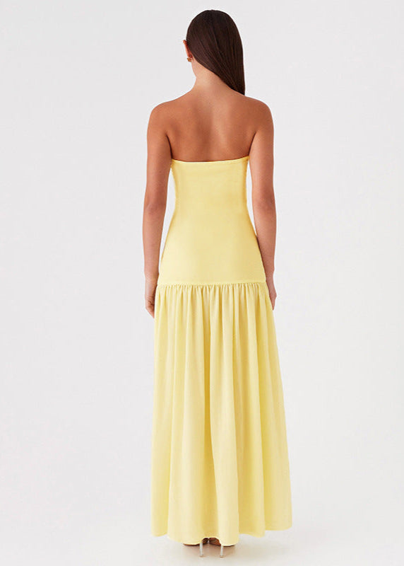 Solar Mirage – Strapless Yellow Maxi Dress with Side Slit