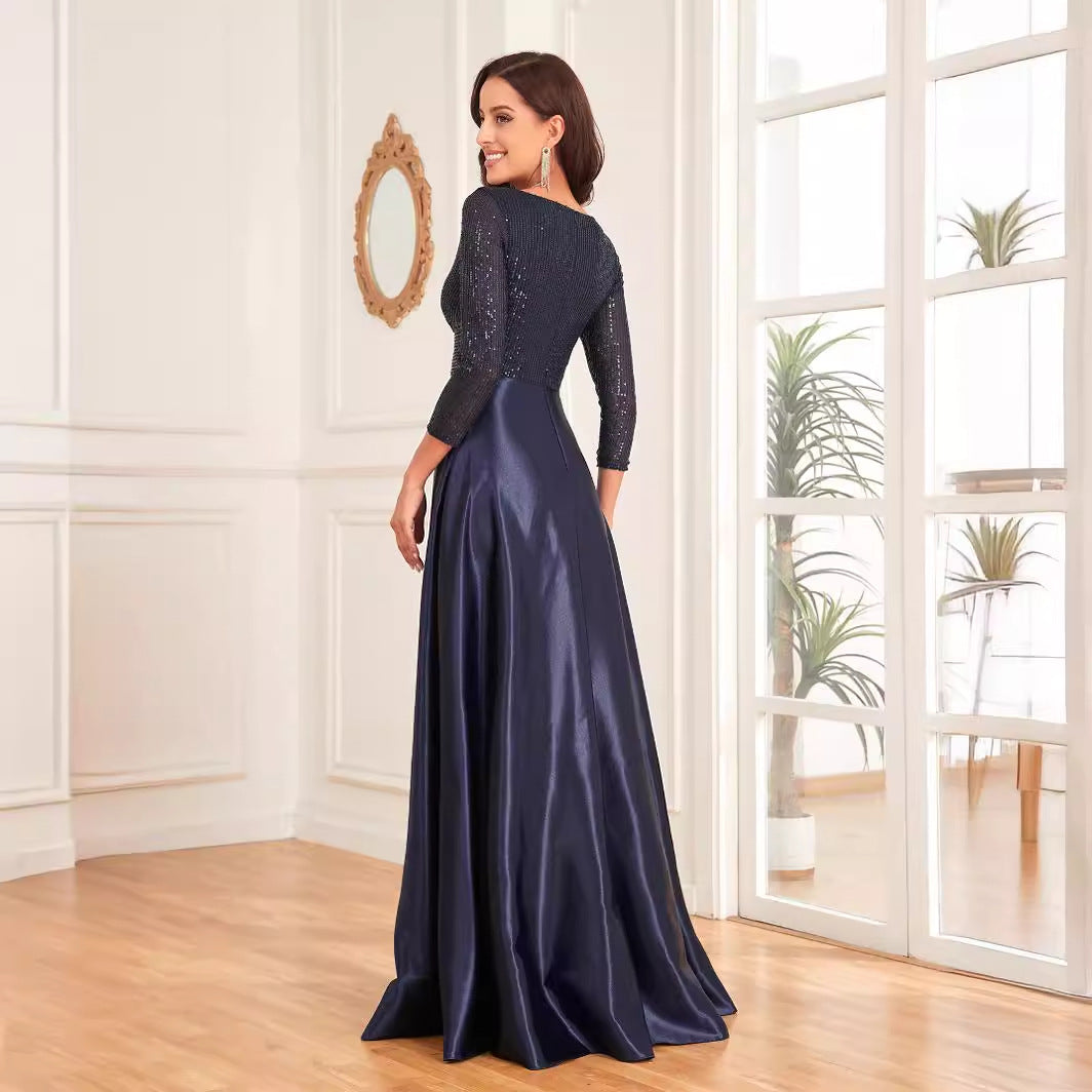 Vestido de satén con escote en V y mangas largas, color azul, con lentejuelas, corte en A, para dama de honor, cóctel y noche.