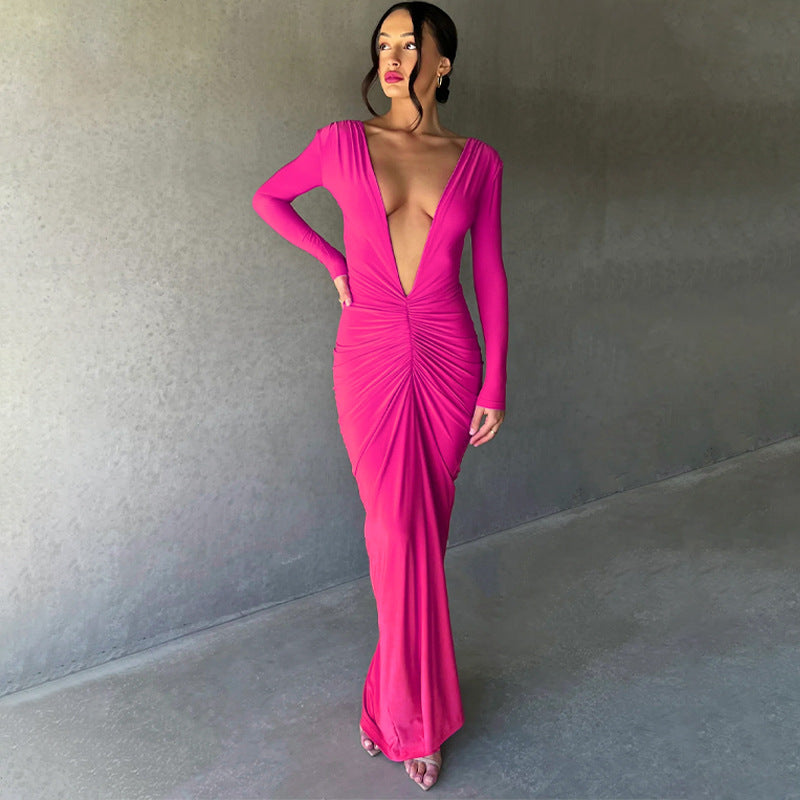 Vestido de verano sexy de manga larga con escote en V y pliegues ajustados de color liso para mujer