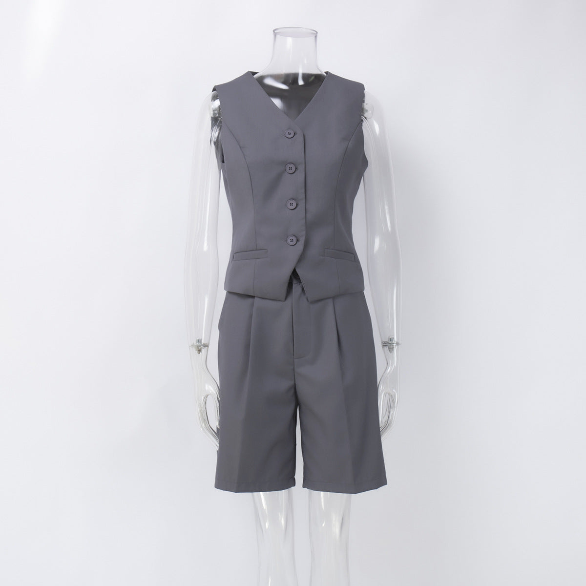 Chaleco Chaqueta Primavera Verano Cuello en V Chaleco de un Solo Pecho Pantalones Cortos Rectos Conjunto