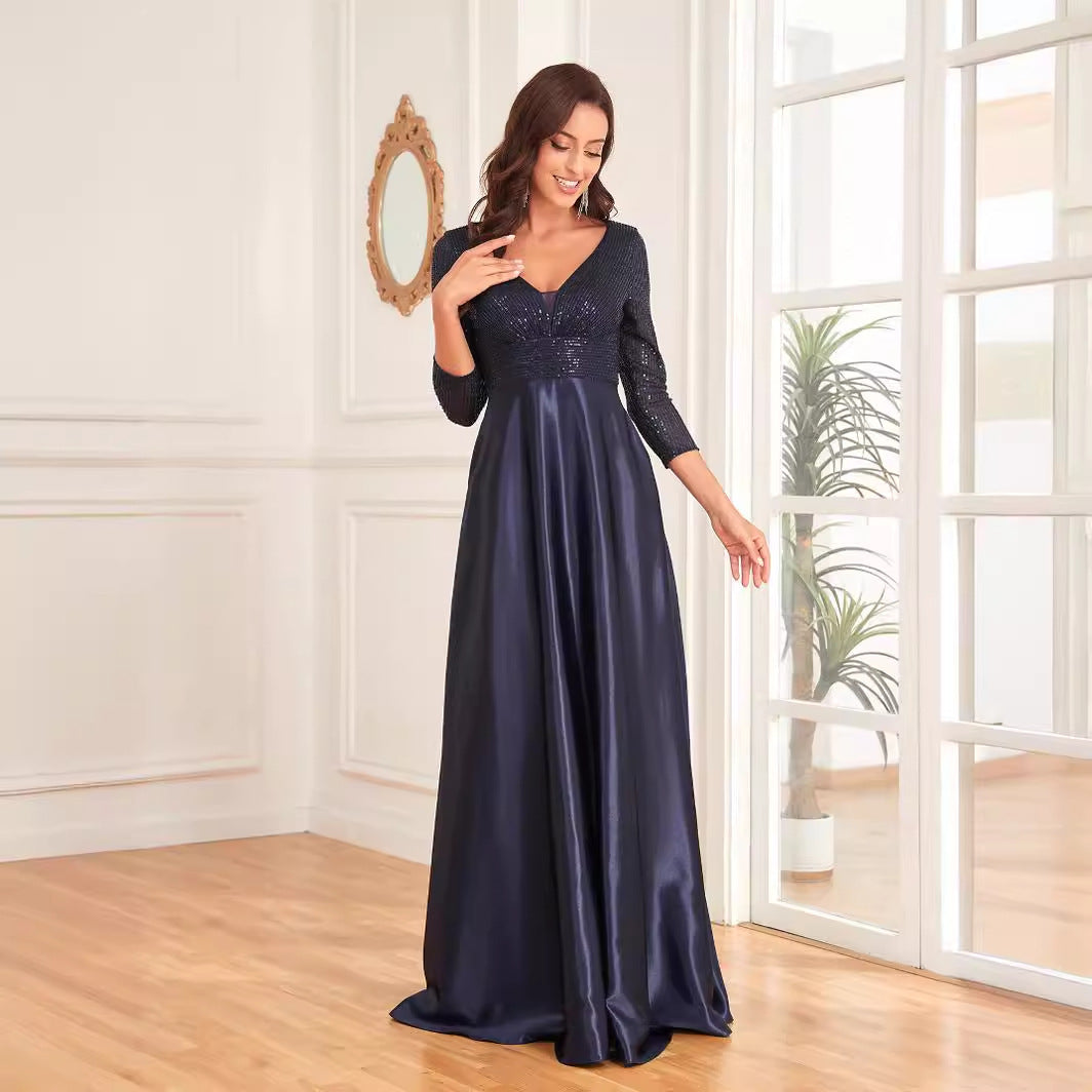 Vestido de satén con escote en V y mangas largas, color azul, con lentejuelas, corte en A, para dama de honor, cóctel y noche.