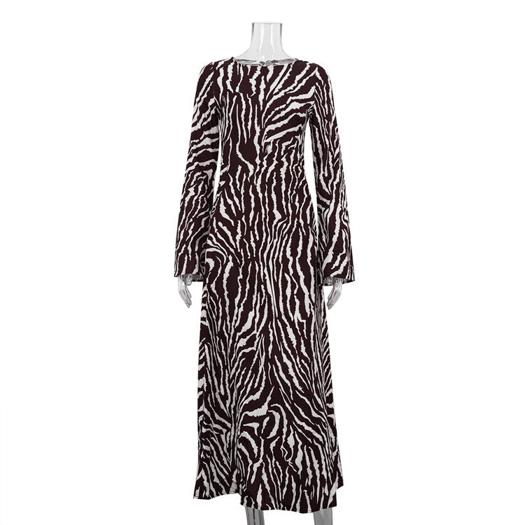 Striped Printing Loose Dress Casual round Neck Long Sleeve Dress Women Autumn Winter