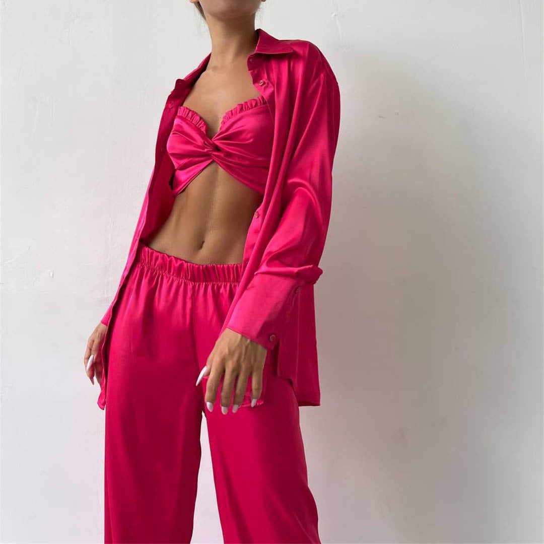 Conjunto informal de tres piezas de satén para mujer, primavera y otoño, chaleco con pecho envuelto de satén, camisa y pantalones casuales