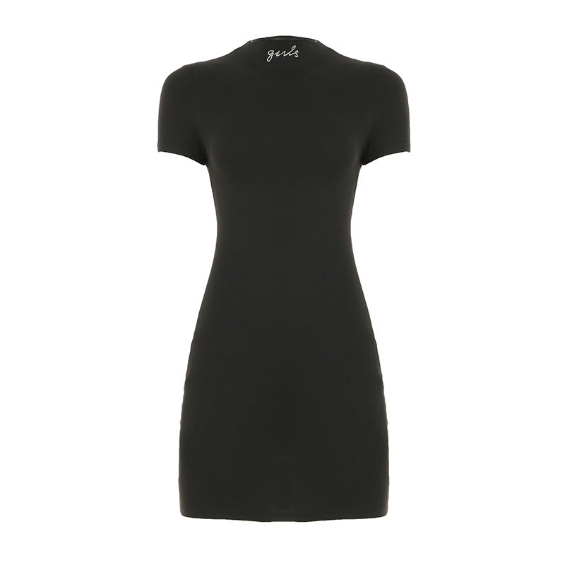 Vestido informal básico de verano para mujer, cuello alto, manga corta, con diamantes de imitación, color liso, ajustado, ajustado, cruzado en la cadera