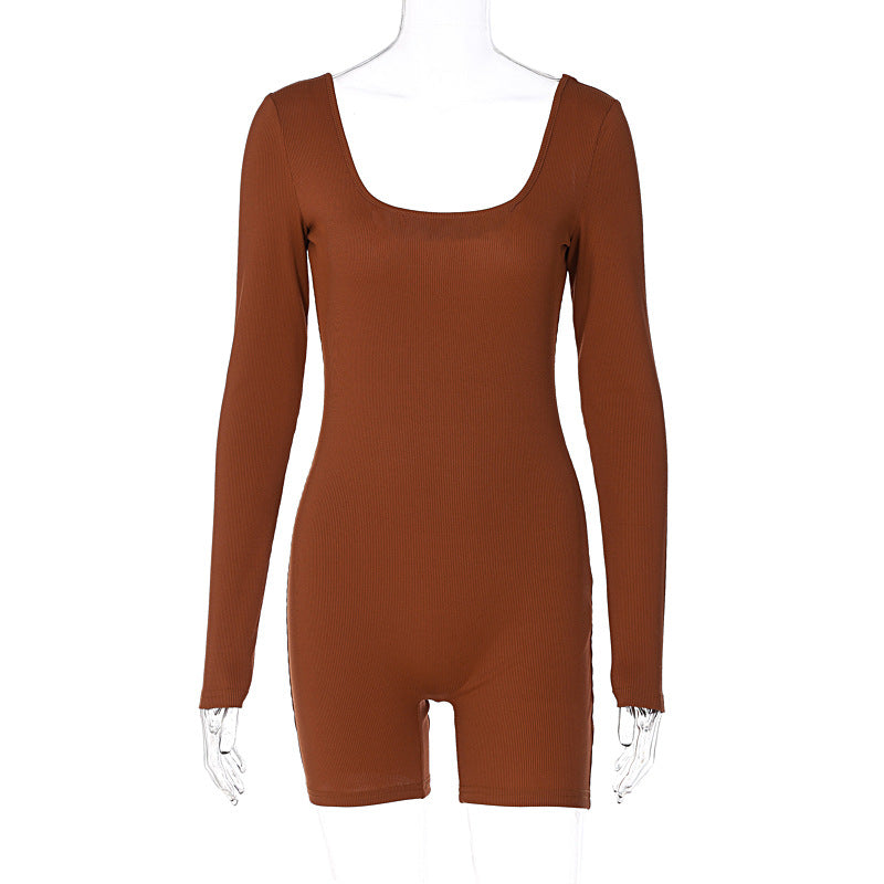 Mono deportivo de invierno para mujer, color liso, acanalado, cuello en U, manga larga, ajustado, con realce de cadera