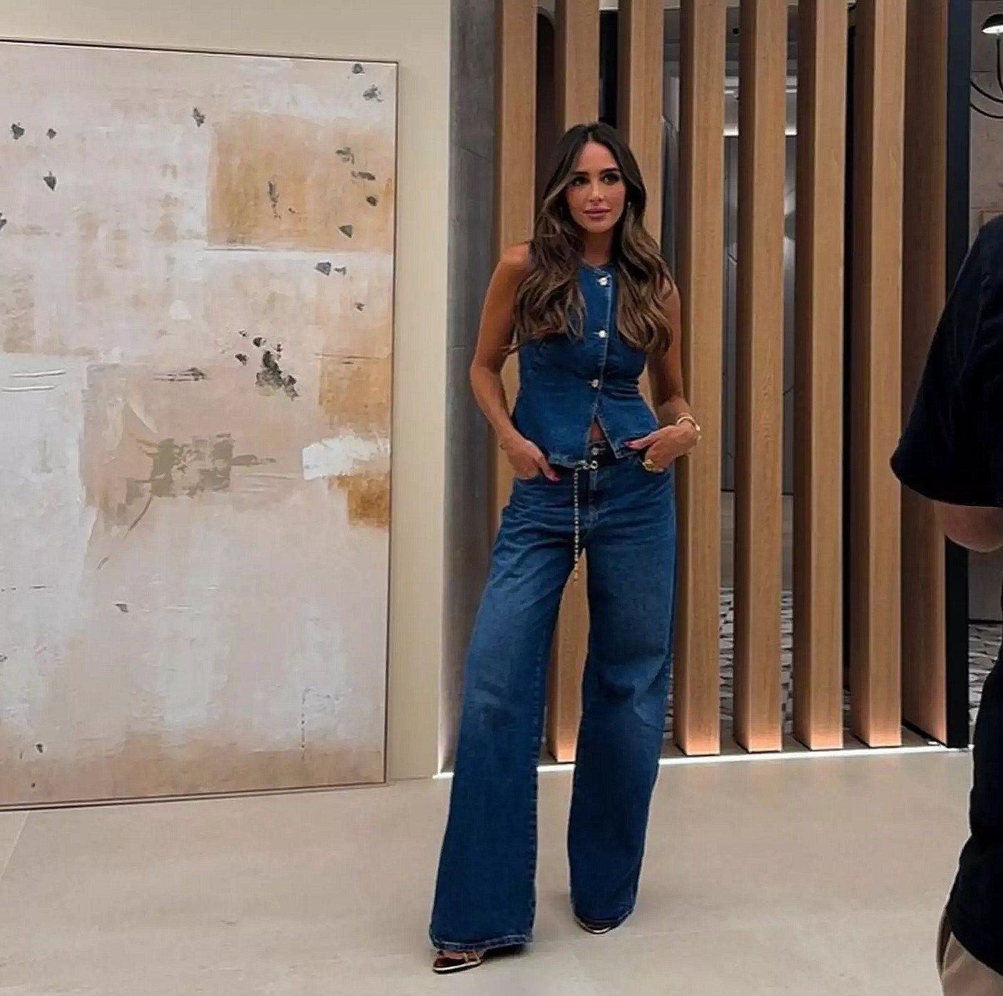 Spring Summer Women Sleeveless Vest Wide Leg Denim Two Piece Sets